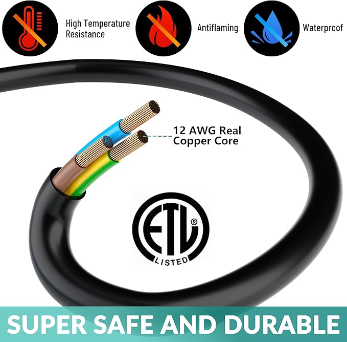 Outdoor Extension Cord 30 Ft with 3 Outlets, 12/3 SJTW 3 Prong Grounded Power Cord, 12 Gauge 12AWG Heavy Duty Power Cable, ETL Listed, 15 Amp 125 V 1875 W-Multiple Outlets for Indoor/Outdoor-Black