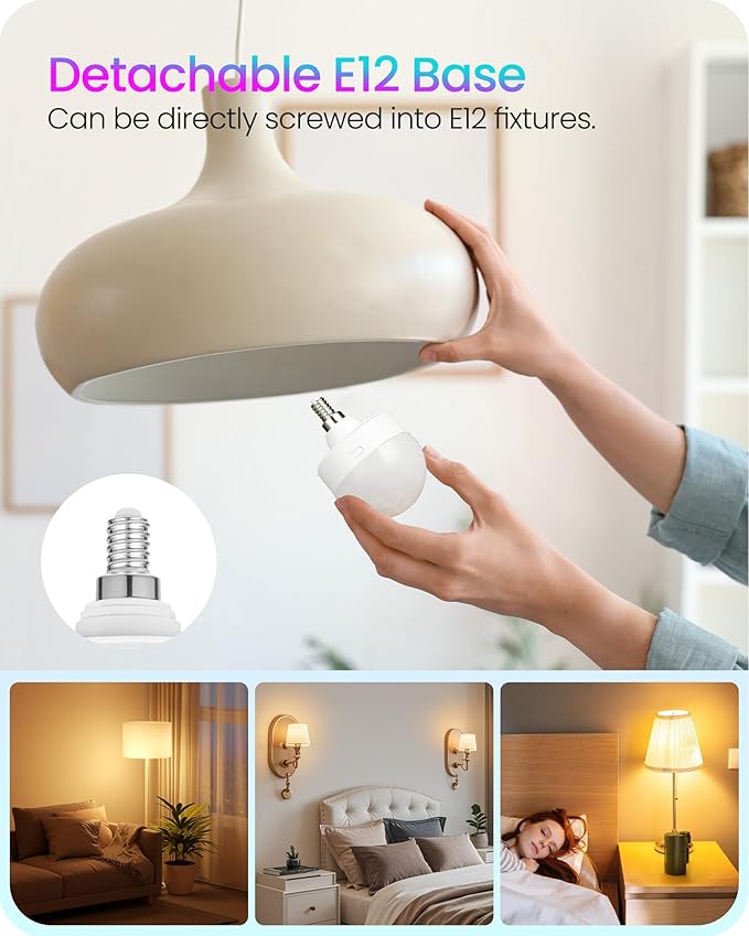 Rechargeable Light Bulbs with Remote Control, 4 Packs E12 Battery Operated Light Bulbs, 3 Timer 15 Colors Selectable, Dimmable Wireless RGB LED Bulb, Non-Hardwired, R08YBP405