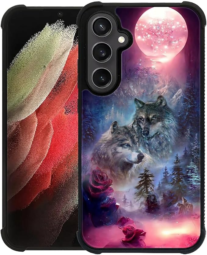 for Samsung Galaxy S23 FE Case, Star Two Wolfs Howling Pattern Graphic Design Girl Boy Soft Silicone Hard Acrylic Shock Protection for Samsung Galaxy S23 FE