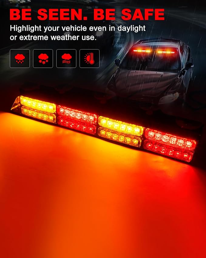 HLauto 6Z4J Emergency Dash Strobe Lights: 2x16.8 inch Red Amber Safety Lights, 48 LED Flashing Warning Hazard Interior Windshield Visor Traffic Light Bar for Trucks, Construction Vehicles