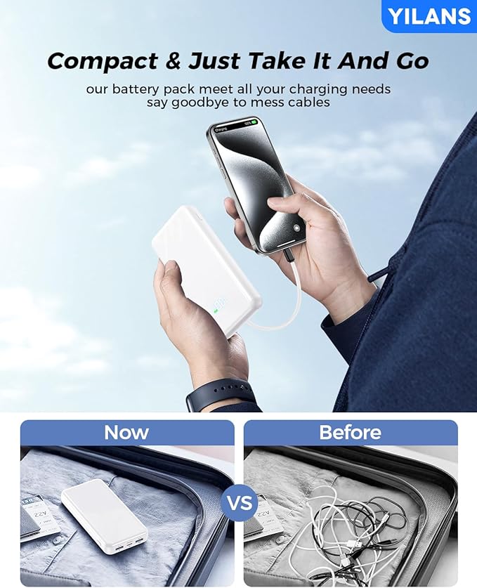 Portable Charger,50000mAh Power Bank Built-in Cable, 22.5W PD USB C In & Out Fast Charging, External Battery Pack with 6 Output & 2 Input, Travel Phone Charger for iPhone 17/16/15/14/13/12(White)