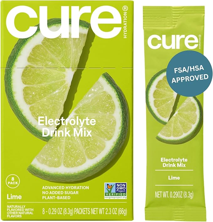 Cure Hydration | Plant-Based Electrolyte Drink Mix | No Added Sugar | FSA-HSA | Dehydration Relief Powder Made with Coconut Water | Non-GMO | Vegan | Box of 8 Packets - Lime
