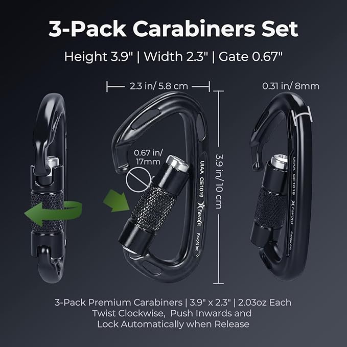 UIAA Certified 25kN-42kN Climbing Carabiners - Favofit Heavy Duty Locking Carabiner Clips with Twist or Screw Lock - Professional Rock Climbing Gear for Tree Climbing Arborist Rappelling & Rescue