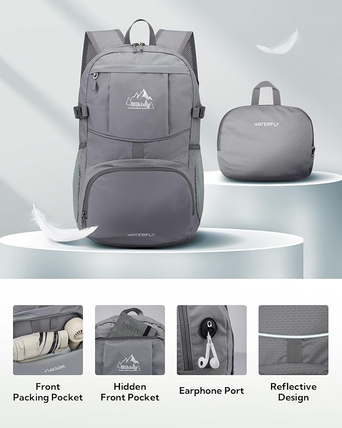 WATERFLY Hiking Packable Daypack Backpack: 25L Ultra Lightweight Day Pack for Woman Man - Small Compact Folding Back Pack for Outdoor Sport Cycling Camping Travel Trip - Gray