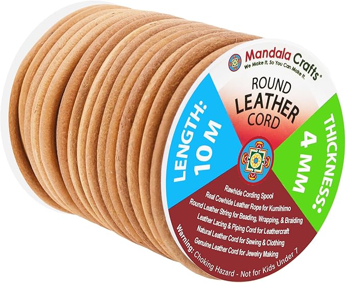 Mandala Crafts Round Genuine Tan Leather Cord for Jewelry Making – 4mm Cowhide Leather Rope String Lace for Kumihimo – 11 Yards Cowhide Craft Cording Spool