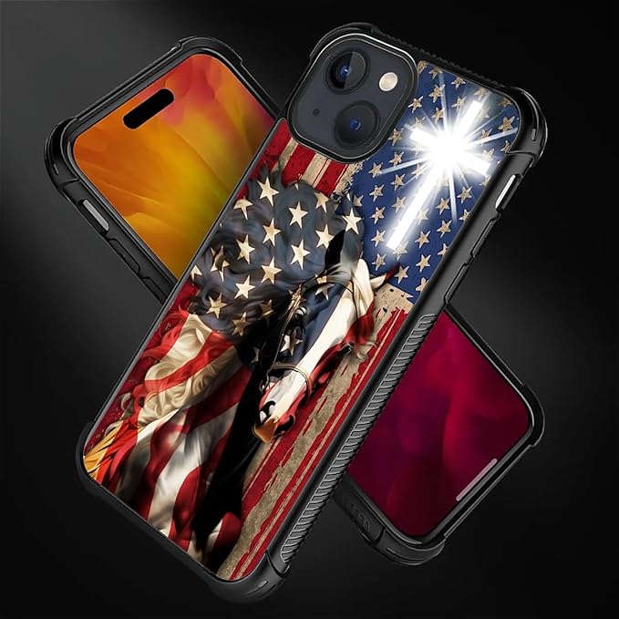 for iPhone 15 Plus Case, Red American Flag Horse Cross Pattern Made of Soft Silicone Hard Acrylic Shock Protection for iPhone 15 Plus