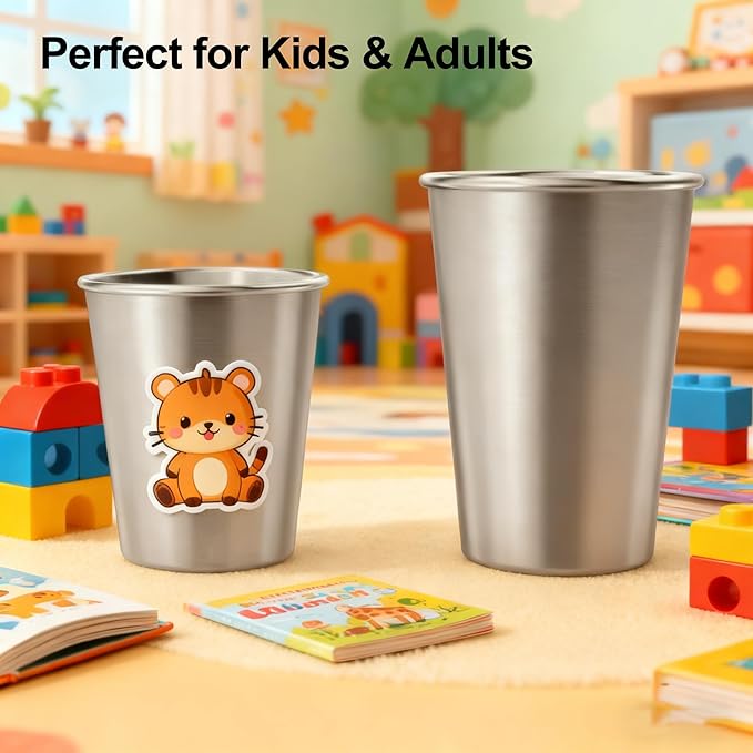 Stainless Steel Cups & Pint Tumblers Set of 8 - 4 Pack 8 oz + 4 Pack 16 oz Stackable, BPA Free Unbreakable 304 Metal Drinking Glasses for Children & Adults, Indoor Outdoor Picnic Travel Camping