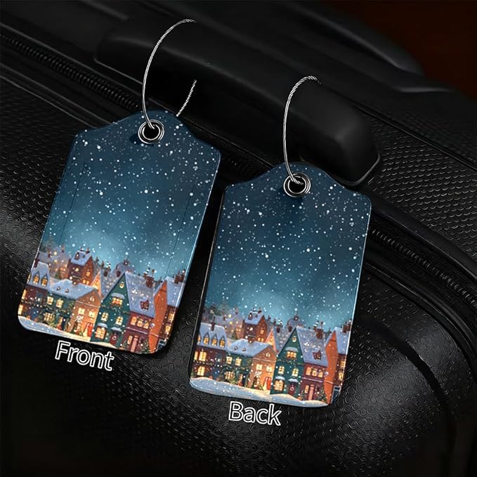 2Pcs Winter Village Luggage Tags for Suitcases, 2.83x4.53 Christmas ID Labels with Privacy Cover, Aesthetic Snowy Town Bag Tags for Backpacks, Holiday Gift for Travelers, Set of 2