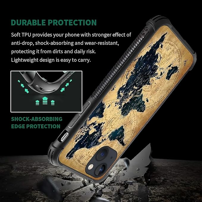 for iPhone 14 Plus Case, Brown World Map Pattern Made of Soft Silicone Hard Acrylic Shock Protection for iPhone 14 Plus
