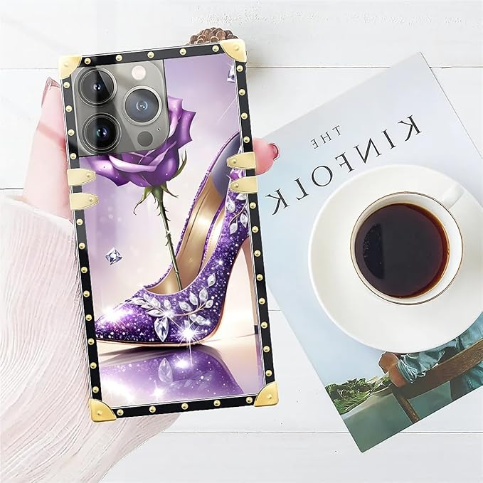 Compatible with iPhone 15 Pro Max Case, High Heeled Purple Diamond Rose Luxury Golden Decoration for Girl Women Soft TPU Shockproof Protective Hard PC Back for iPhone 15 Pro Max