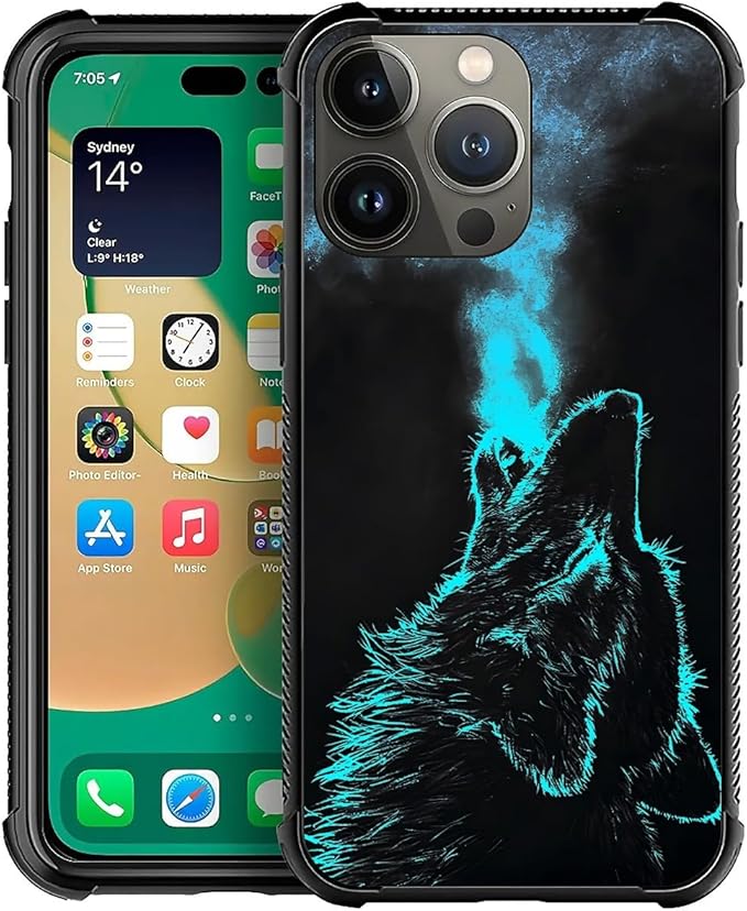 for iPhone 13 Pro Case, Blue Breathing Wolf Pattern Graphic Design Girl Boy Soft Silicone Hard Acrylic Shock Protection for iPhone 13 Pro