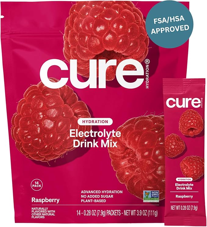 Cure Hydration | Plant-Based Electrolyte Drink Mix | No Added Sugar | Dehydration Relief Powder Made with Coconut Water | Non-GMO | Vegan | Pouch of 14 Packets - Raspberry