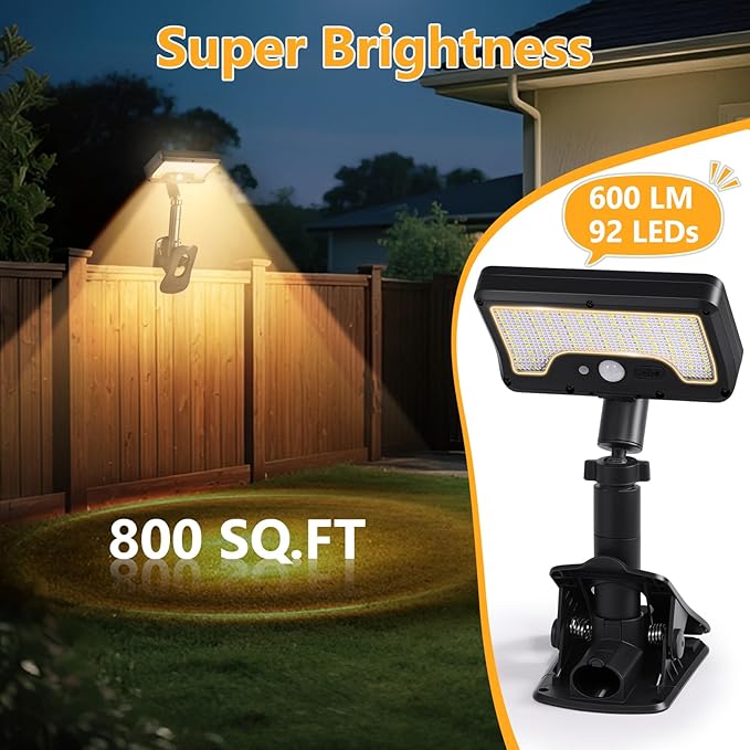 Clip On Solar Lights Outdoor with Motion Sensor, 360°Rotatable & Vertically Adjustable Solar Fence Lights with 92 LEDs (600 LM, 3000 K),IP65 waterproof Security light for deck, Gutter, Camping(2 Pack)