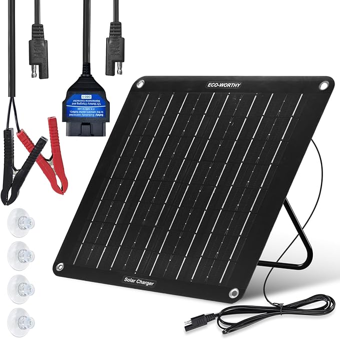 ECO-WORTHY Upgraded OBDII 10W Solar Battery Trickle Charger Maintainer 12V Waterproof Solar Panel Trickle Charger Kit with Portable Stand for Car Truck Boat Mower RV Trailer ATV Marine Battery