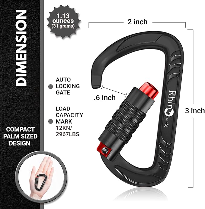 Rhino Produxs 12kN (2697 lbs) Heavy Duty Carabiner Clips, for Securing Pets, Outdoor, Camping, Hiking, Hammock, Dog Leash Harness, Keychains