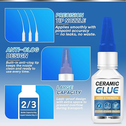 Ceramic Glue Repair Kit, 30g Ceramic Glue for Pottery, Porcelain, Mugs, Dishes, Glass and More, Waterproof & High Temperature Resistant