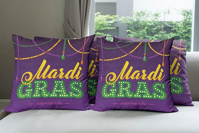 Ambesonne Mardi Gras Throw Pillow Cushion Case Pack of 4, Beads and Tassels Masquerade Theme Calligraphy Design Fun Print, Modern Accent Double-Sided Digital Printing, 16", Purple Marigold