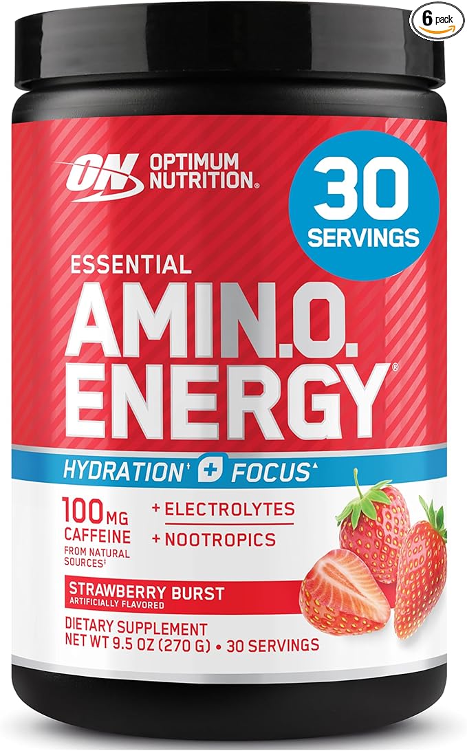 Optimum Nutrition Amino Energy Powder Plus Focus, with BCAA, Electrolytes, and Caffeine, Juicy Strawberry, 30 Servings (Packaging May Vary) (Pack of 6)
