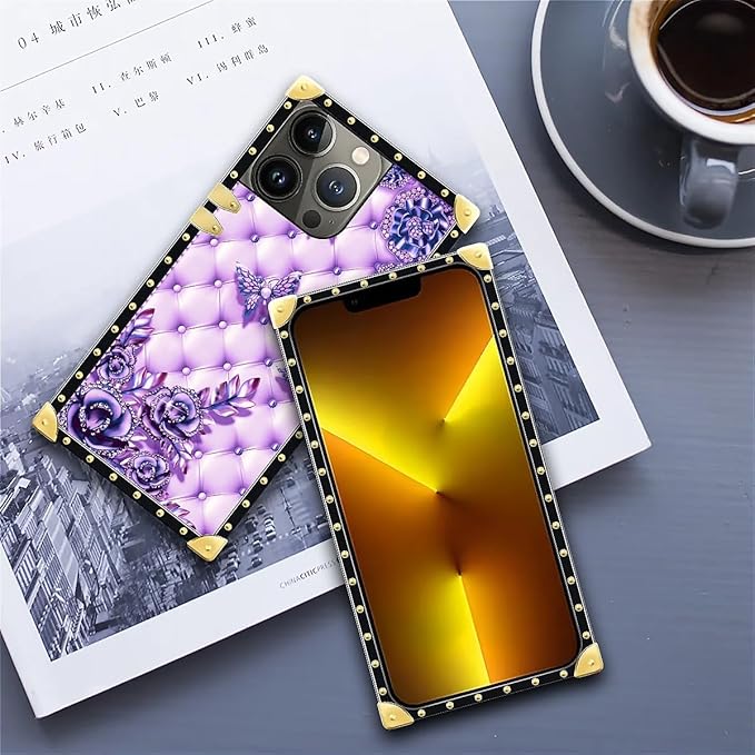 Compatible with iPhone 13 Pro Case, Purple Butterfly Flowers Leaf Luxury Golden Decoration for Girl Women Soft TPU Shockproof Protective Hard PC Back for iPhone 13 Pro