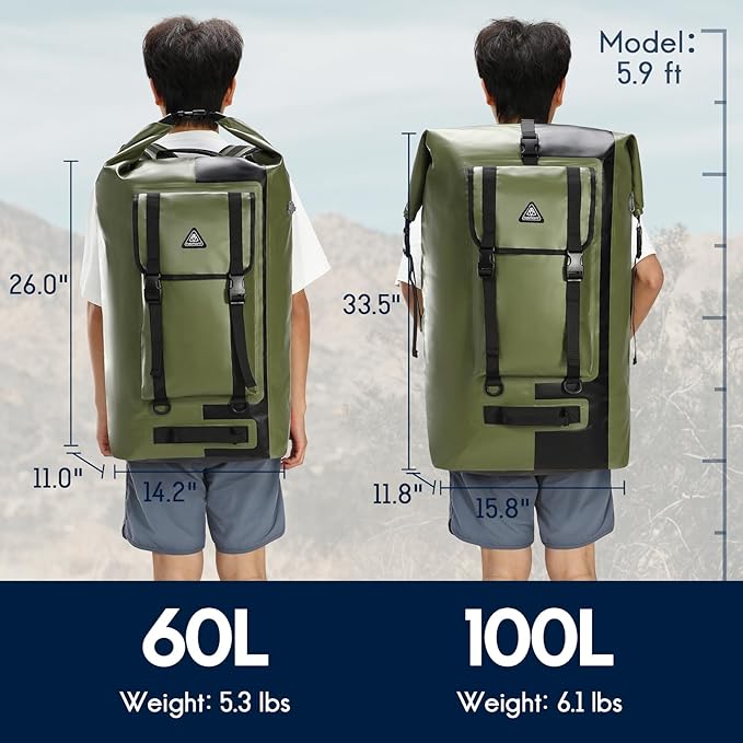 Haimont Dry Waterproof Roll Top Backpack Marine Dry Bag River Pack with Waist Belt Camping Surfing 60L, Army Green/Black