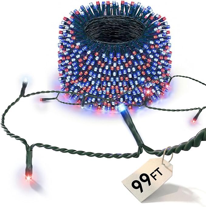 LitHome 4th of July Decorations Outdoor Waterproof, 99FT 300 LED String Lights Outdoor Red White and Blue, 8 Modes String Lights with Timer & Memory for Independence Day Tree Holiday Party