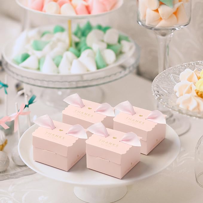 CHolic 50Pcs Party Favor Candy Box, Thank You Pink Gift Candy Box with Ribbons for Birthday Party, Bridal Shower, Wedding Decorations, Candy Table Decorations