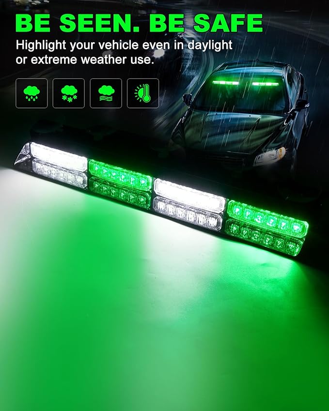 HLauto 6Z4J Emergency Dash Strobe Lights: 2x16.8 inch Green White Safety Lights, 48 LED Flashing Warning Hazard Interior Windshield Visor Traffic Light Bar for Trucks, Construction Vehicles