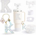 6PCS White Stanley Cup Accessories Set Fit for Stanley Cup 30oz 40oz. Including Handle Charm, Personalized Initial Sticker, Straw Topper, Sparkly Silicone Boot, Spill Proof Stopper (Letter-K)