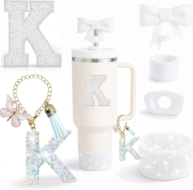 6PCS White Stanley Cup Accessories Set Fit for Stanley Cup 30oz 40oz. Including Handle Charm, Personalized Initial Sticker, Straw Topper, Sparkly Silicone Boot, Spill Proof Stopper (Letter-K)