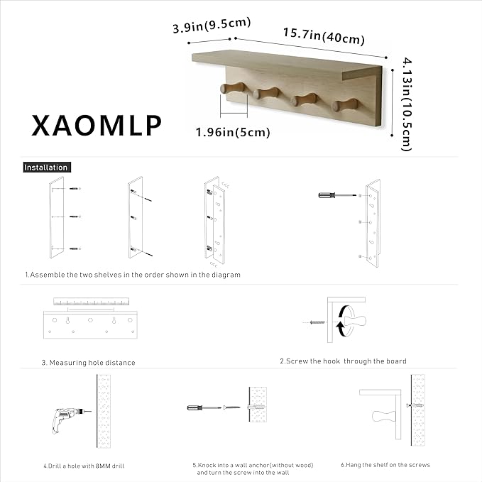 Entrance Coat Rack ，Coat Hooks, Wall-Mounted Wooden Hook Rack, Wall-Mounted Shelves(Birch Color Finish—A-1)