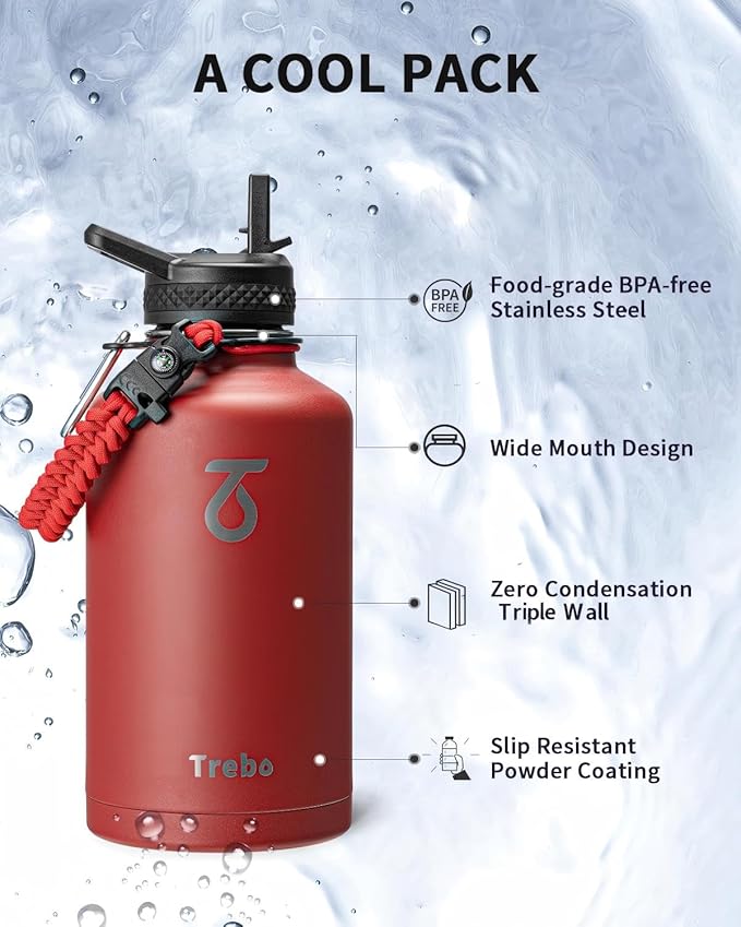 Trebo Water Bottle 64oz with Paracord Handle, Half Gallon Large Vacuum Triple Wall Stainless Steel Insulated Water Jug with Holder Strap Straw Spout Lids, Leakproof Keep Cold & Hot, Red
