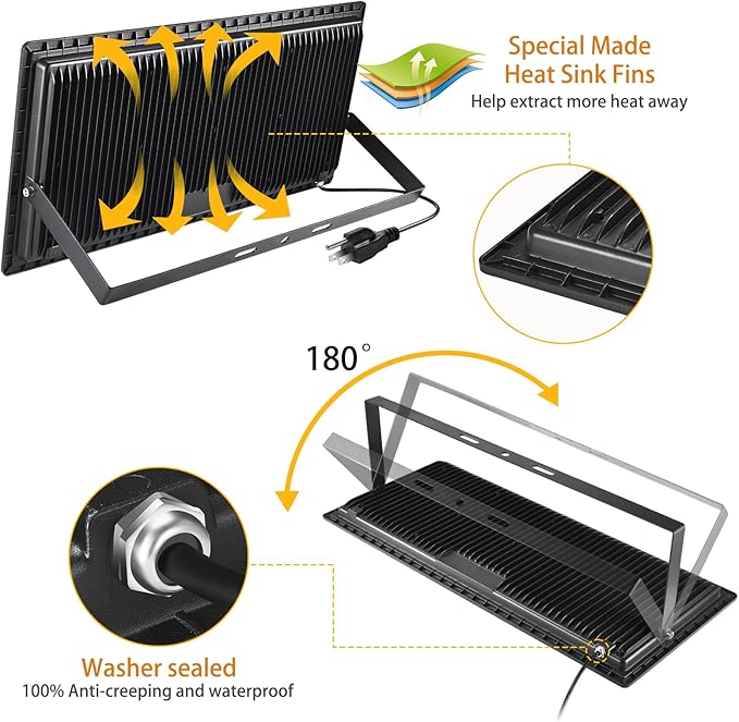 YANYCN 2 Pack 800W LED Flood Light Outdoor,3750W Equivalent Super Bright FloodLight with Plug,88500LM 5000K Daylight White IP66 Waterproof Commercial Lighting for Sports Fields,Counts,Arena,Stadium