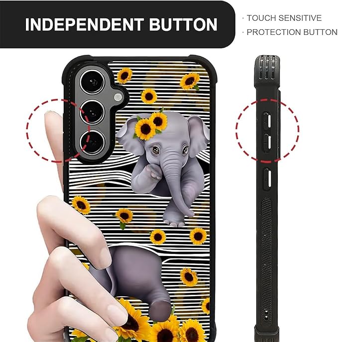 for Samsung Galaxy S24 S25 Plus Case, Cute Little Elephant Sunflower White Line Art Pattern Graphic Design Soft Silicone Hard Acrylic Shock Protection for Samsung Galaxy S24 S25 Plus