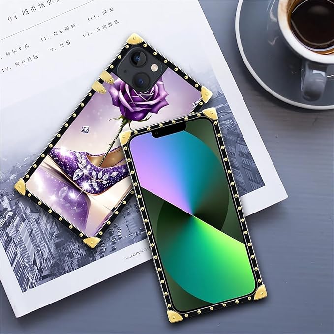 Compatible with iPhone 13 Case, High Heeled Purple Diamond Rose Luxury Golden Decoration for Girl Women Soft TPU Shockproof Protective Hard PC Back for iPhone 13