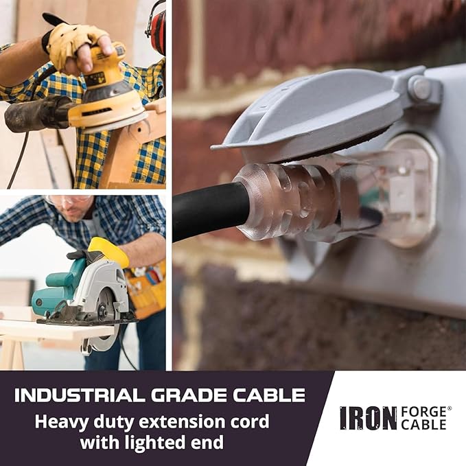 Iron Forge Cable 3 ft Lighted Outdoor Extension Cord - 10 Gauge Heavy Duty Extension Cord, 15 AMP, 10/3 Black Power Cable SJTW Weatherproof 3 Prong Grounded Plug for Safety