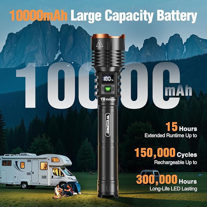 WdtPro Rechargeable LED Flashlights High Lumens, Super Bright 90000LM Rechargeable Flashlight with LCD Display, 5 Modes & Waterproof Powerful 10000mAh Handheld Flashlight for Camping Emergency
