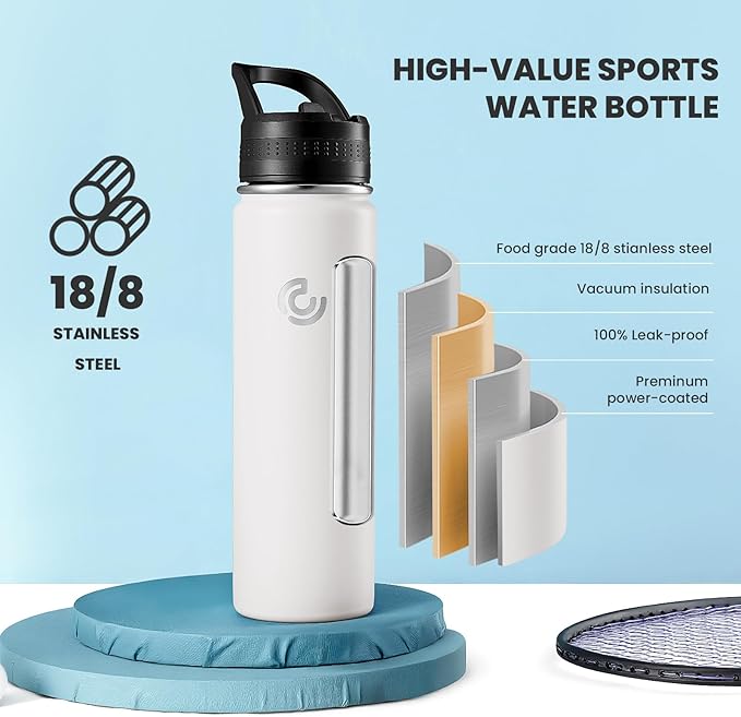 COKTIK 22oz Sports Water Bottle, Stainless Steel Water Bottle for Insulated, Reusable Travel Bottle, With Straw, With Handle Grip for Easy Carrying, Suitable for Cycling, Outdoor Vacations(White)