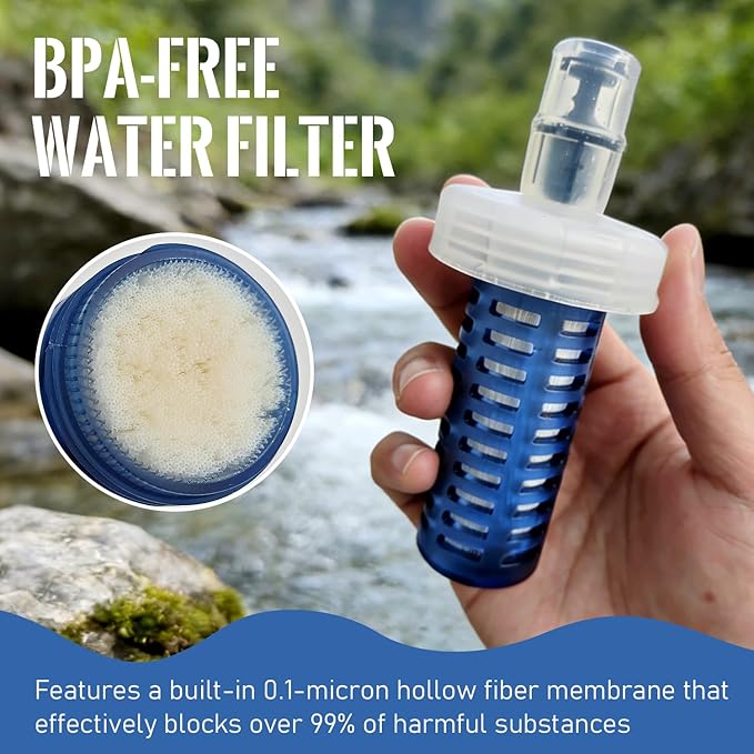 1L Collapsible Water Bottle with Filter for Hiking, Camping & Travel - TPU Soft Flask, 0.1 Micrometer Hollow Fiber Membrane for Clearer, Better Tasting Outdoor Water(Blue)