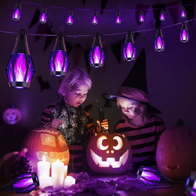iBaycon Solar Halloween Lights, 27Ft 10 LED Bulbs Flickering Flame String Light, Outdoor Waterproof Solar Flame Lights for Garden Yard Patio Halloween Decorations (Purple)