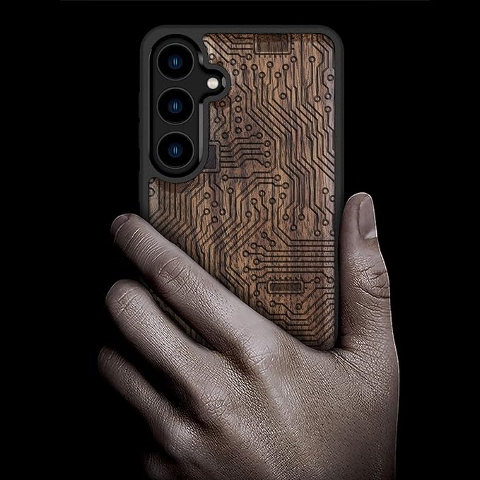 Carveit Wood Case for Galaxy S24 Plus Case [Natural Wood & Black Soft TPU] Shockproof Protective Cover Unique Wooden Design Compatible with S24 Plus (Motherboard-Walnut)