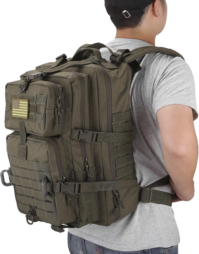Hannibal Tactical MOLLE Assault Backpack, Tactical Backpack Military Army Camping Rucksack, 3-Day Pack Trip w/USA Flag Patch, D-Rings, Olive