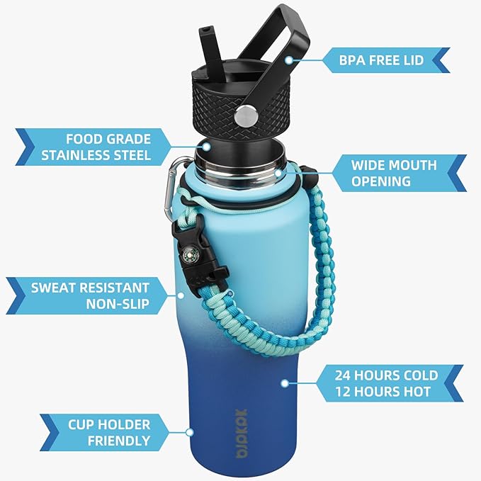 BJPKPK Insulated Water Bottles with Straw Lid, 23oz Metal Water Bottle with 2 lids & Paracord Strap, Double Wall Stainless Steel Vacuum Tumblers, Cups, Mugs, Thermo for Hot& Cold Drinks, Sky