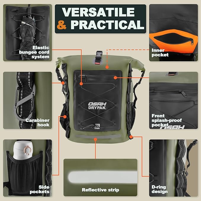 OSAH DRYPAK Waterproof Backpack Dry Bag 35L/55L/85L – Heavy Duty Roll-Top Hiking Backpack for Travel, Kayaking, Boating, Camping, Rafting and Fishing