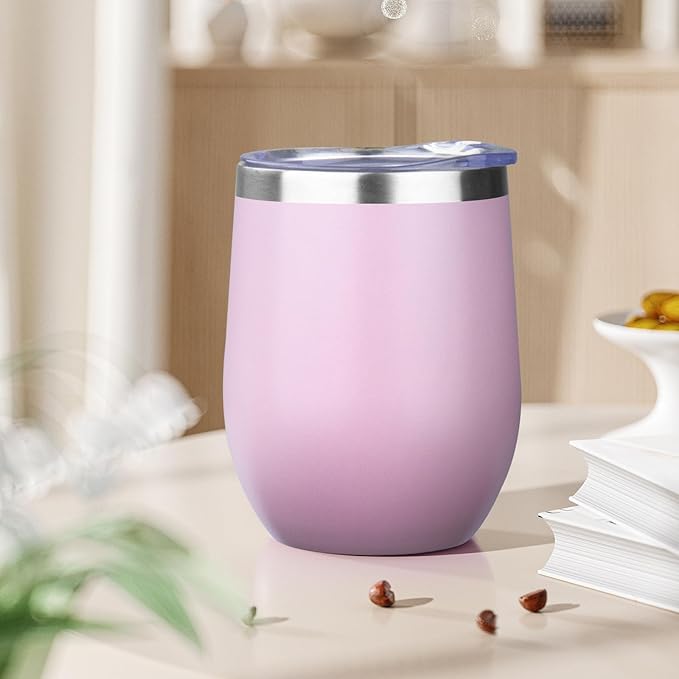 12oz Stemless Wine Tumbler with Lid Double Wall Insulated Wine Cup Stainless Steel Glasses Tumbler with Straw Insulated cocktail Tumbler Coffee Mug for Hot and Cold Beverages (Multicolor-2,4Pack)
