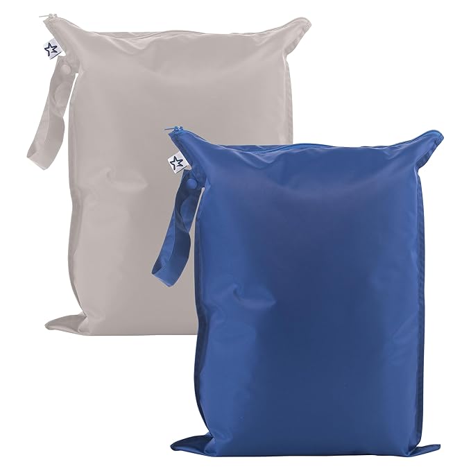 Tiny Twinkle Mess Proof Wet Bags | 2-Pack Reusable Waterproof Wet Bags for Swimsuits | Baby Clothes | Travel & Diaper Bag (Grey, Indigo)