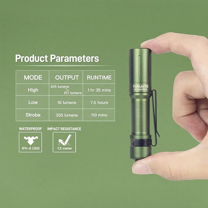 ThruNite Archer Mini Pocket EDC Pen Flashlight, USB-C Rechargeable Mini LED Flashlights, 405 Lumens Slim Pen Light with Clip for Inspection, Everyday Carry and Emergency Use - Dark Green Cool White