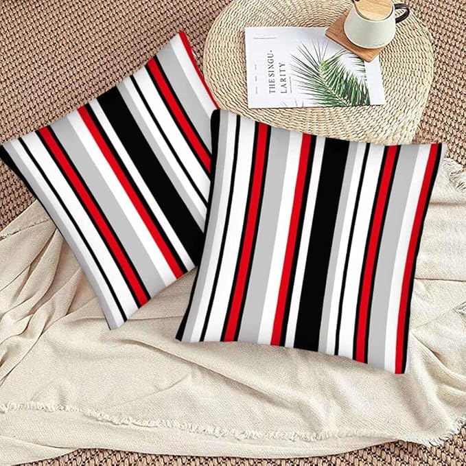 Vertical Lines Striped Pillow Covers 18 X 18 Black White Grey Red Watercolor Set of 2 Pillow Cases Square Velvet Outdoor Throw Cushion Pillowcases Decorative for Home Bed Sofa Couch Hotel