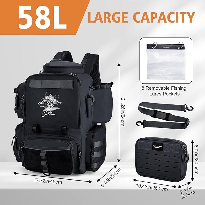 Goture Fishing Backpack, 900D Water-Resistant Tackle Backpack with Rod Holders, 58L Large Storage Gear Fishing Tackle Bag with Detachable Crossbody Bag,8 Lure Pockets,Bottle Holder for Camping Hiking