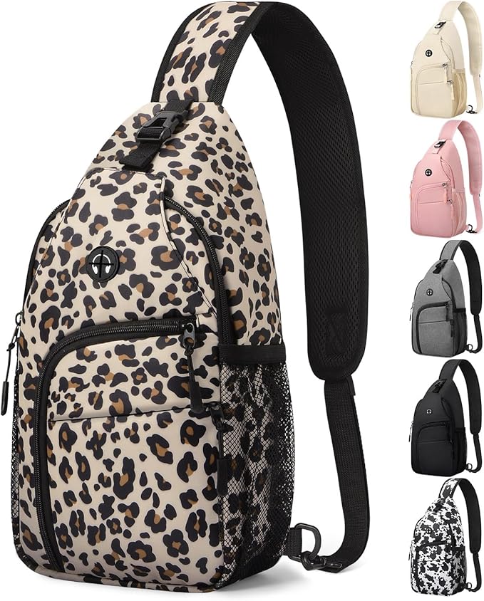 Pritent Crossbody Bags for Women Man Waterproof Sling Bag Backpack Trendy Casual Cross Body Bag with Convertible Shoulder Strap Chest Bag for Camping Hiking Travel Essentials (Leopard, Medium)
