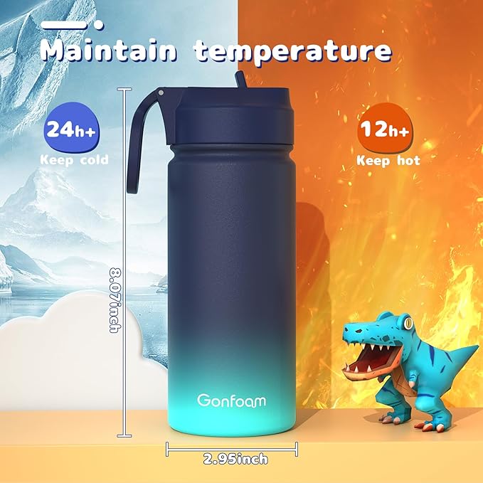 Kids Water Bottle, 2-Pack 16oz Water Bottles with Stickers and Straw, Stainless Steel Vacuum Insulated cup, Kids Water Bottle for School, Gifts for Boys and Girls(Blue/Purple)